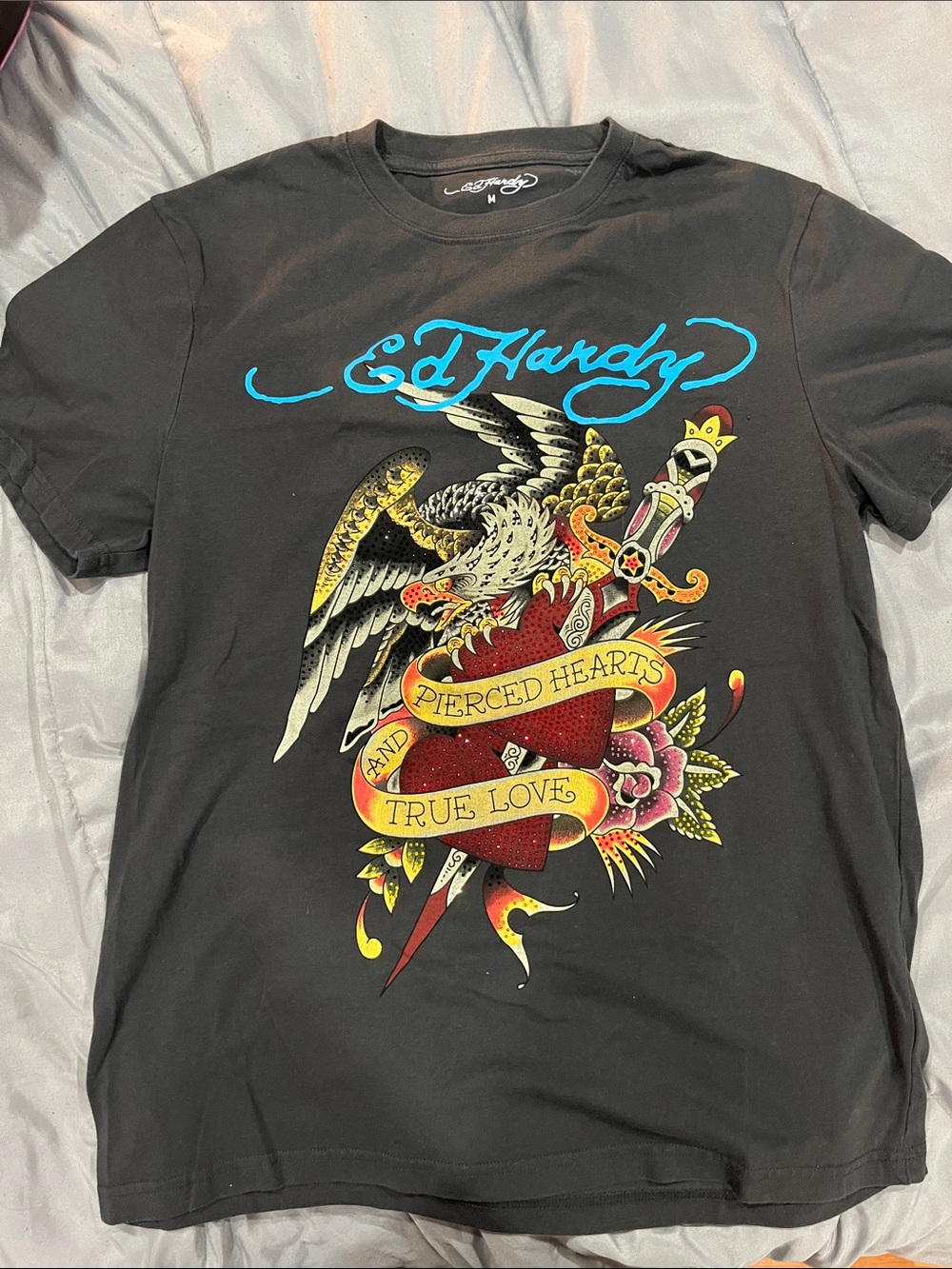 Ed Hardy Black Tee with Turquoise Script and Colorful Tattoo Graphic